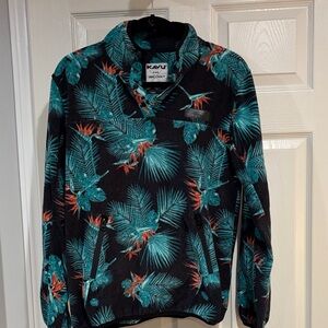 Kavu Tropical Palm Fleece Pullover - Teal & Orange on Black